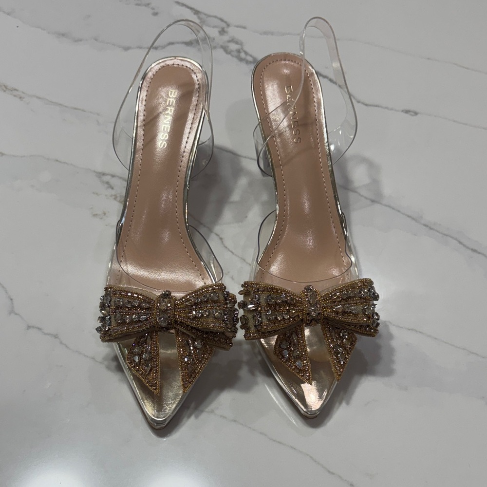 Crystal Bow Clear Mule in Gold - Picture 3 of 15